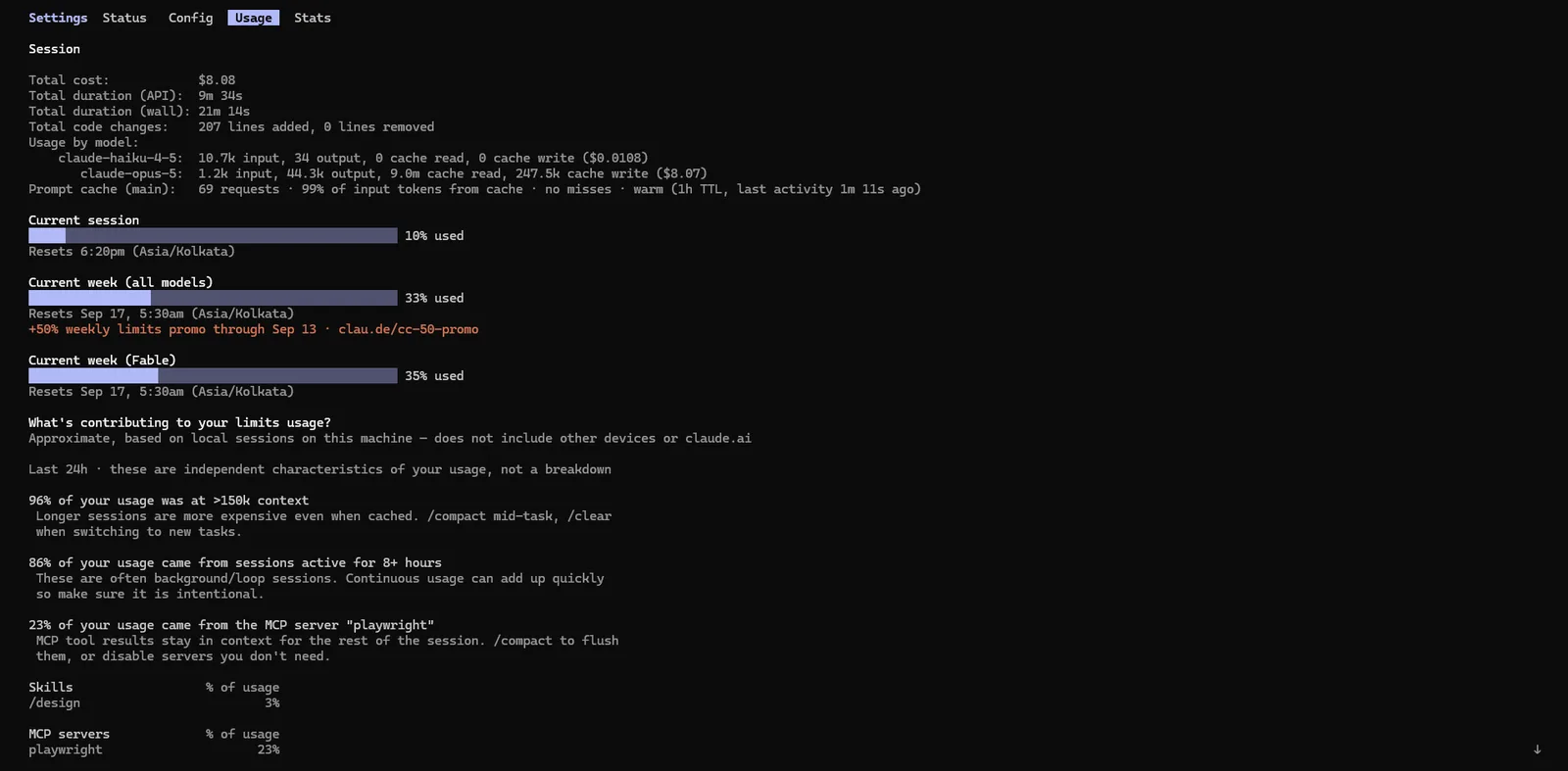 Claude Code /usage output showing the current session at 10% used and the current week at 33% used, with the +50% weekly limits promo through Sep 13 noted in the terminal
