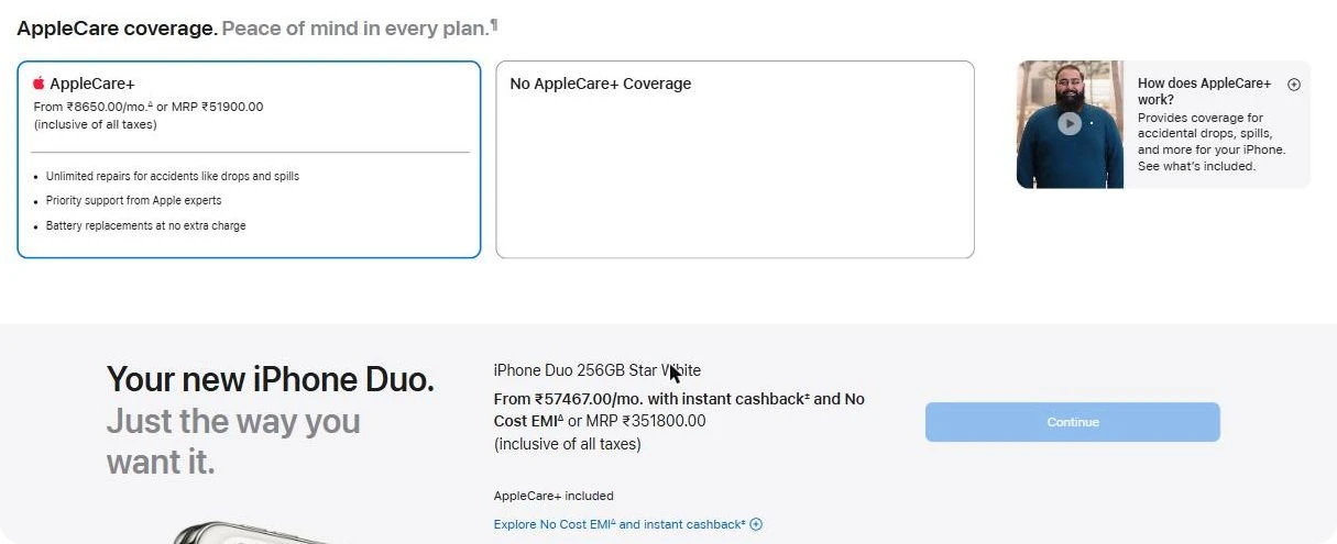 Apple India online store showing AppleCare+ for iPhone Duo at ₹51,900 and a total of ₹3,51,800 for the 256GB model