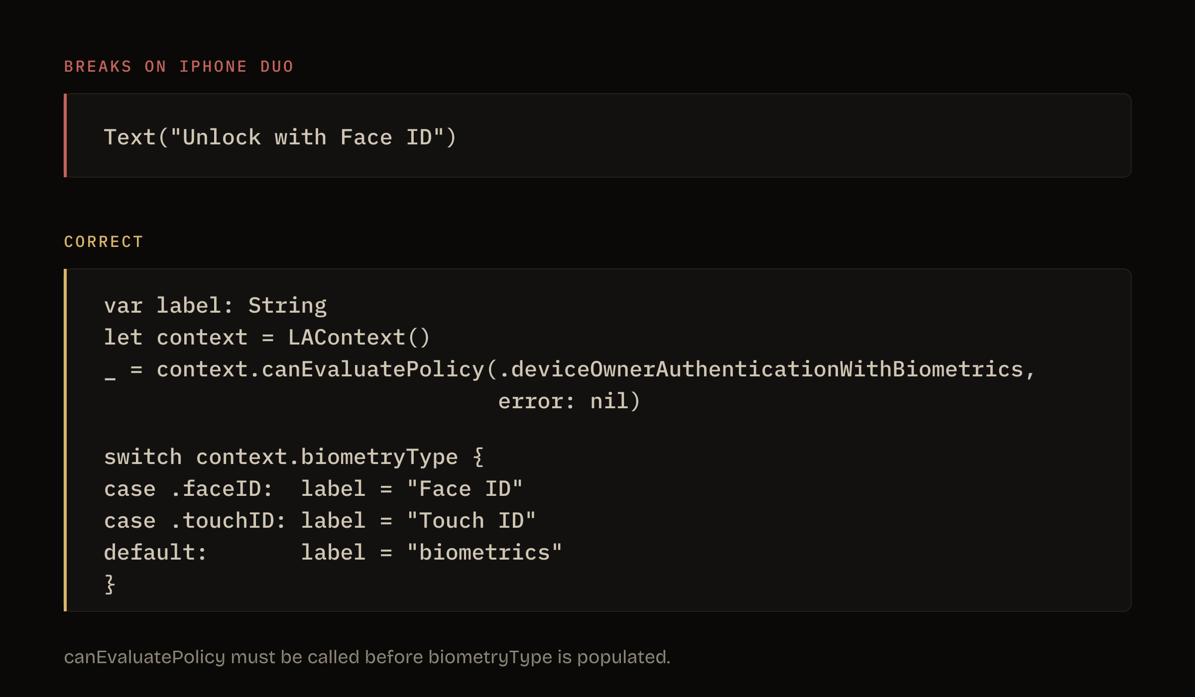 Comparison of hardcoded Face ID strings versus reading LAContext biometryType