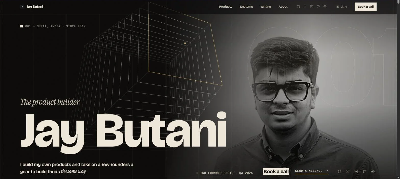 The jaybutani.com home page: the product builder, Jay Butani, Surat, India, since 2017, with a black and white portrait and a wireframe cube