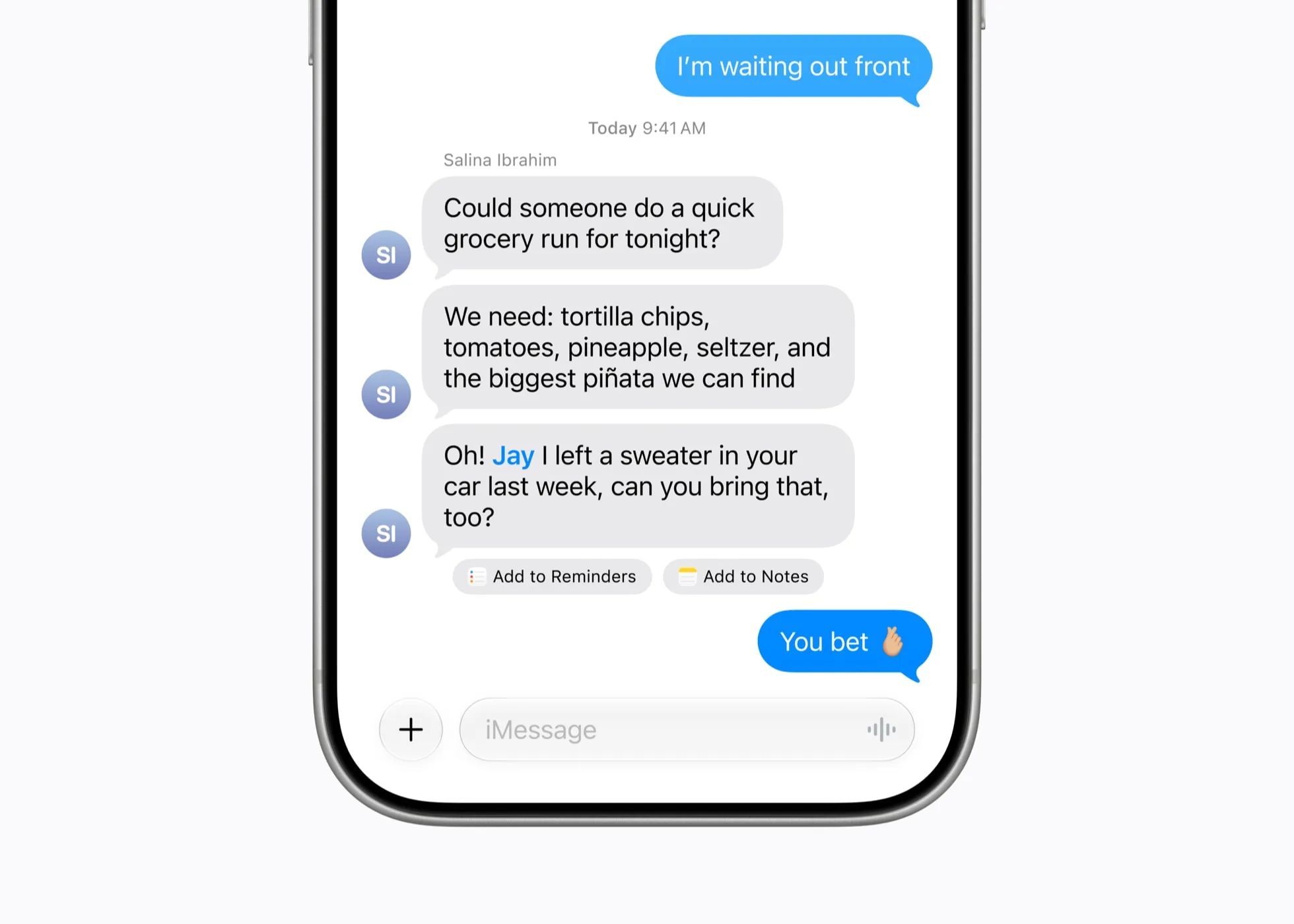 iPhone running iOS 27 showing a Messages conversation with the iMessage compose box and one-tap Add to Reminders and Add to Notes suggestions