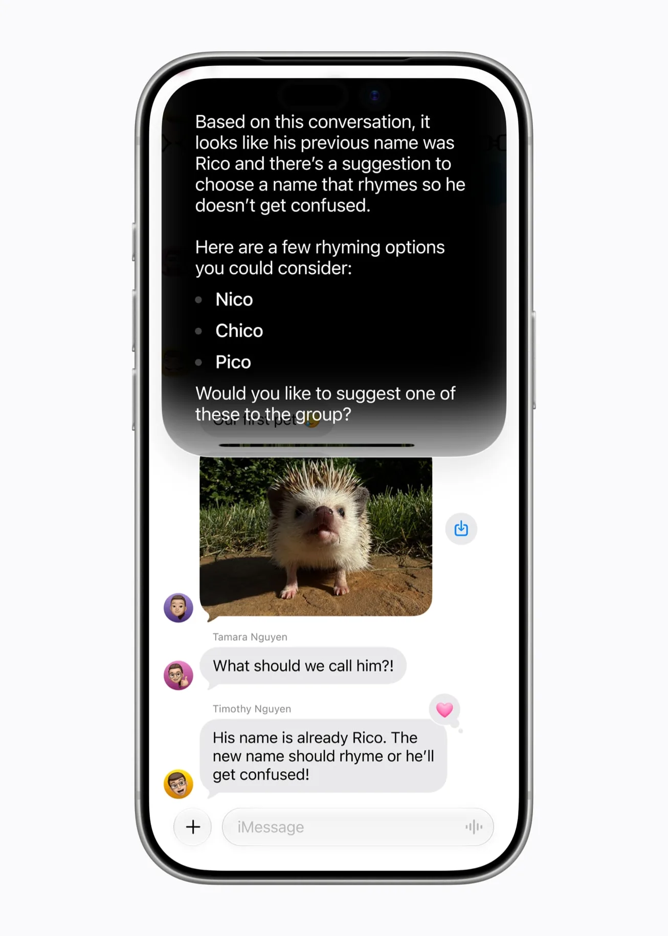 iPhone 17 Pro on iOS 27 with Siri reading a Messages group chat about naming a pet hedgehog and suggesting three rhyming names to send to the group