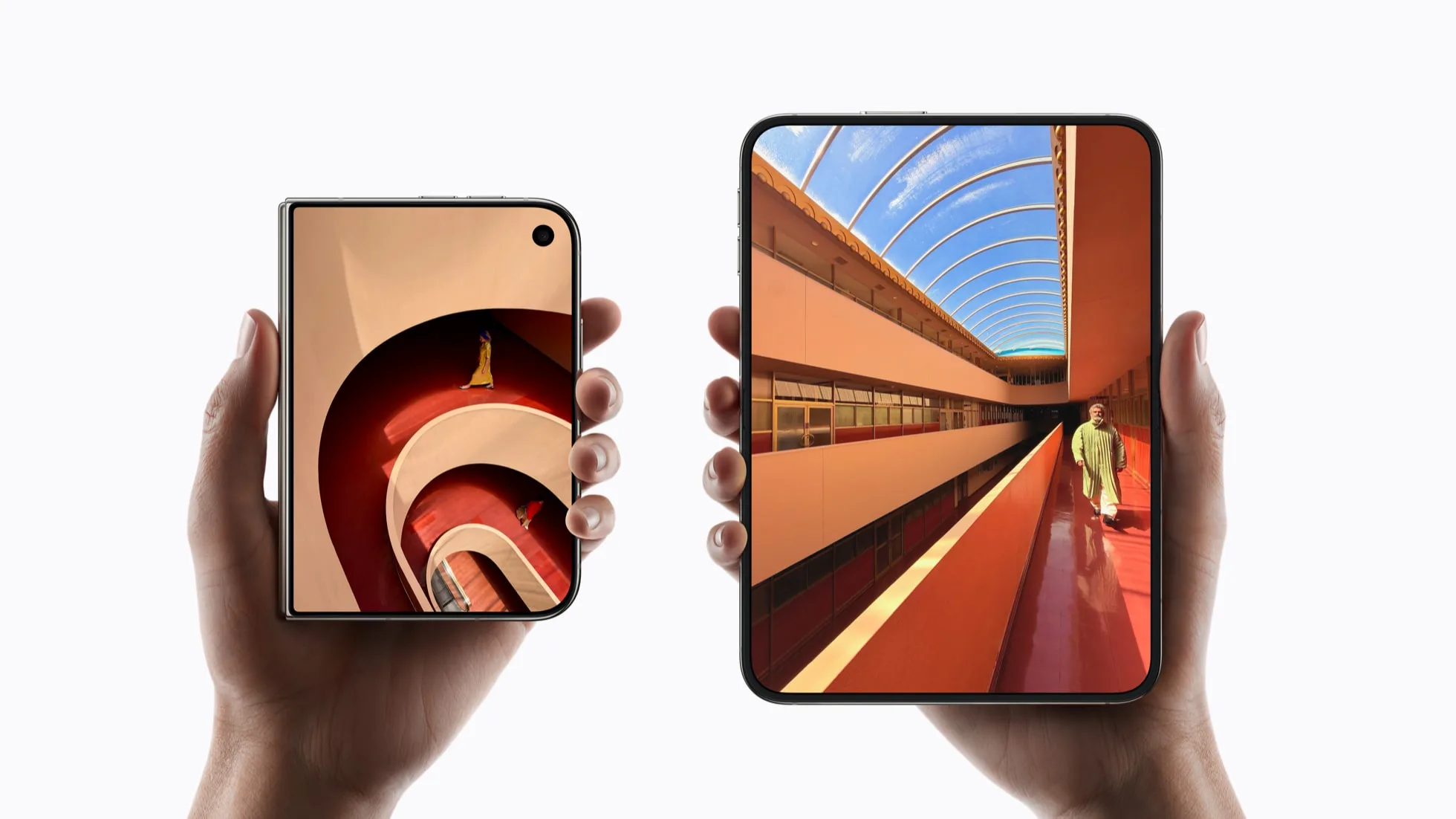 iPhone Duo folded showing the 5.4-inch outer display, and unfolded showing the 7.6-inch inner display