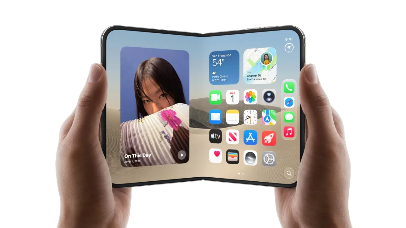 Apple iPhone Duo held open in two hands, showing the 7.6-inch inner display