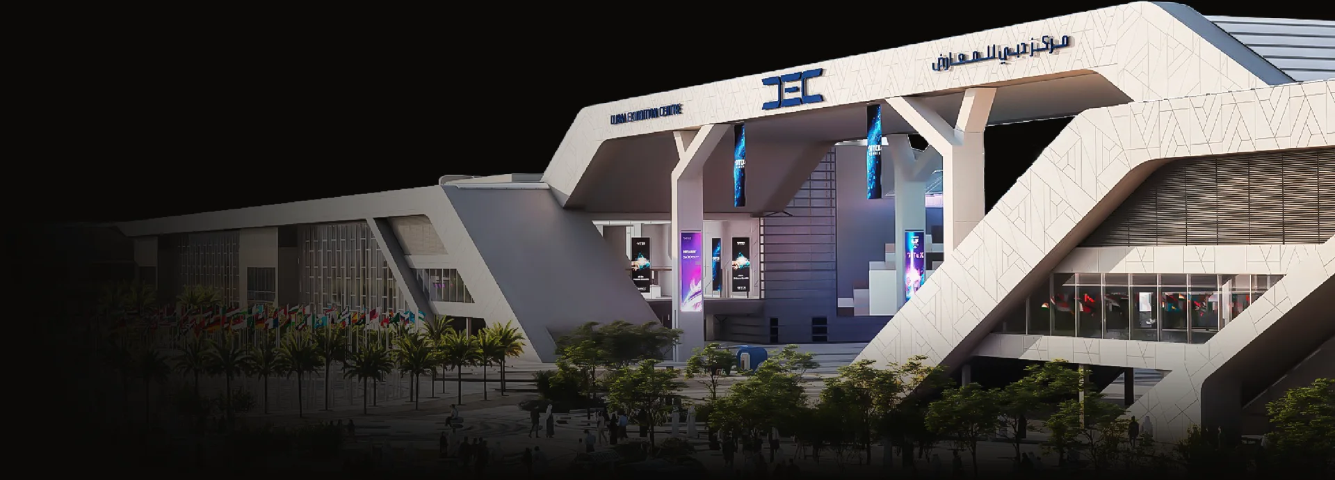 Render of the Dubai Exhibition Centre at Expo City Dubai, the new GITEX Global venue, with angled white halls and flags outside