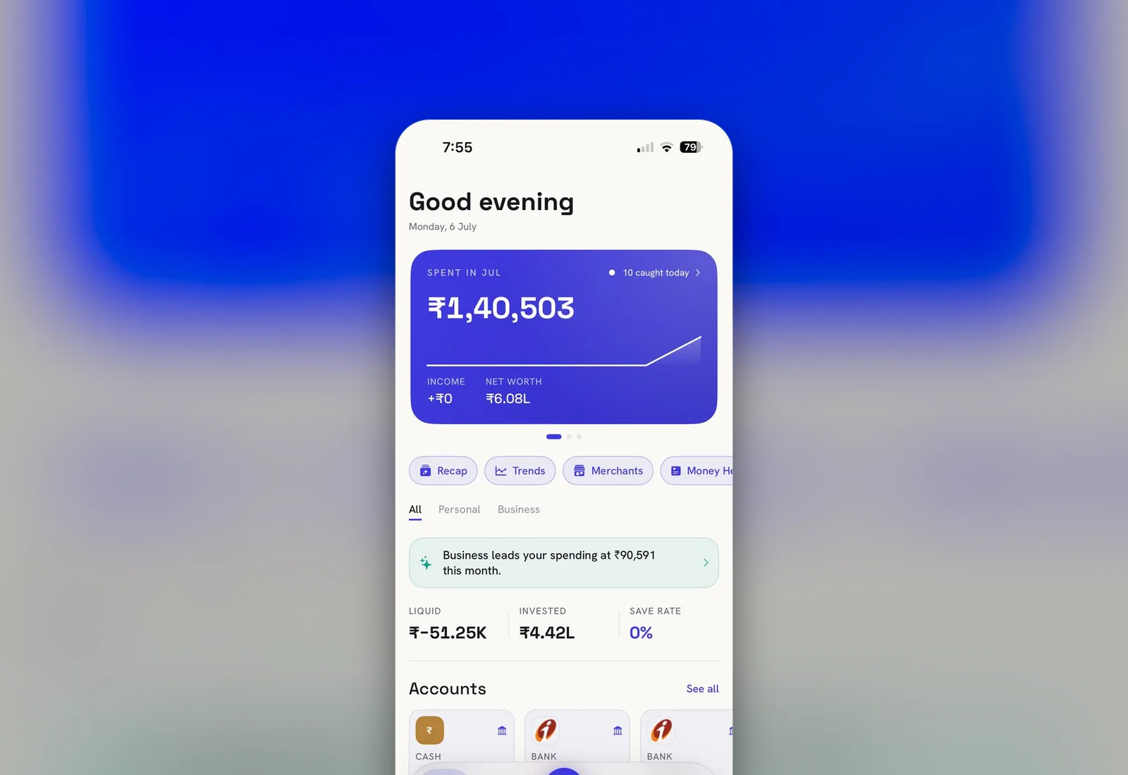 Arth home screen: spend this month, net worth, accounts