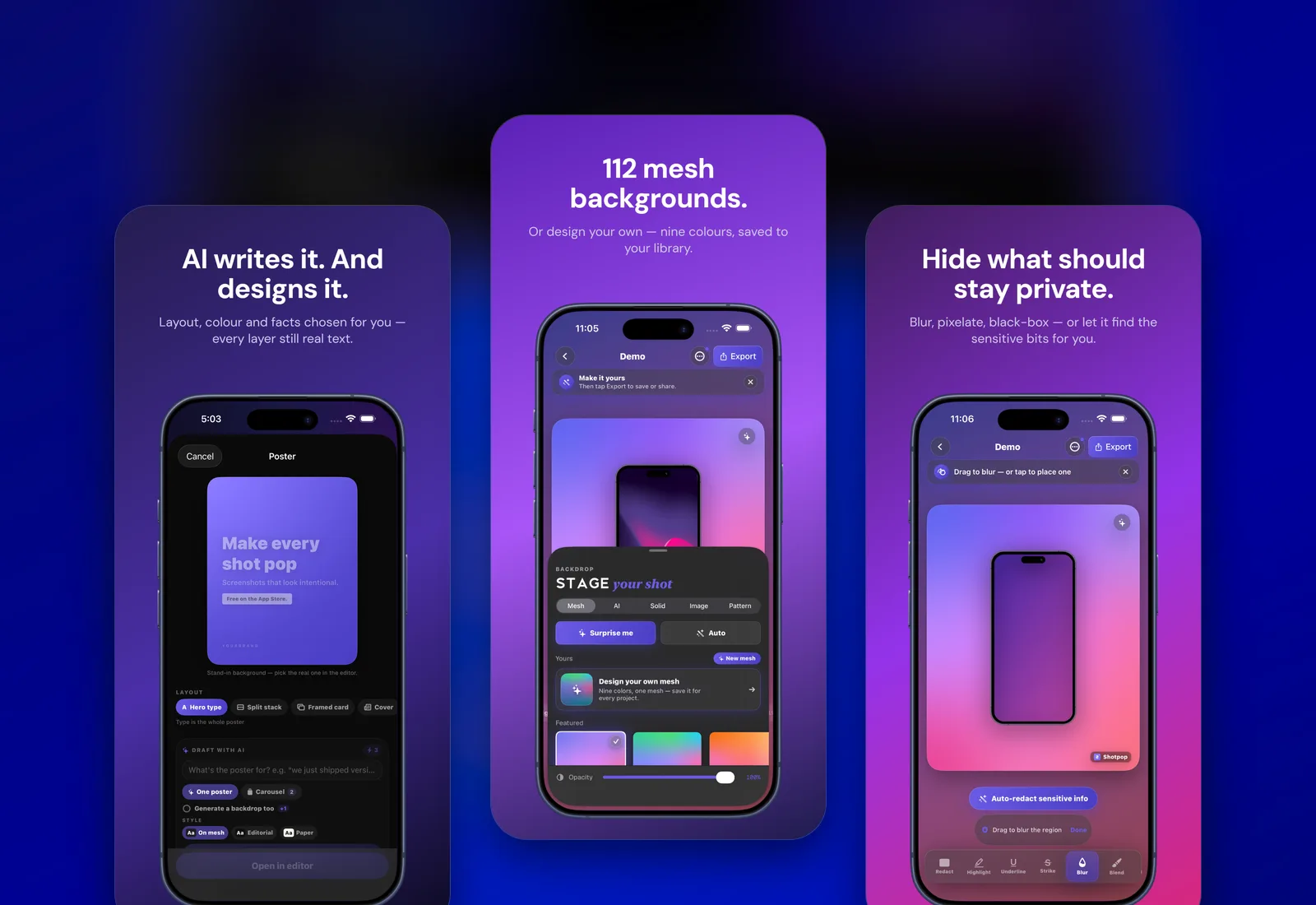 ShotPop App Store screenshots: promise, effort, range