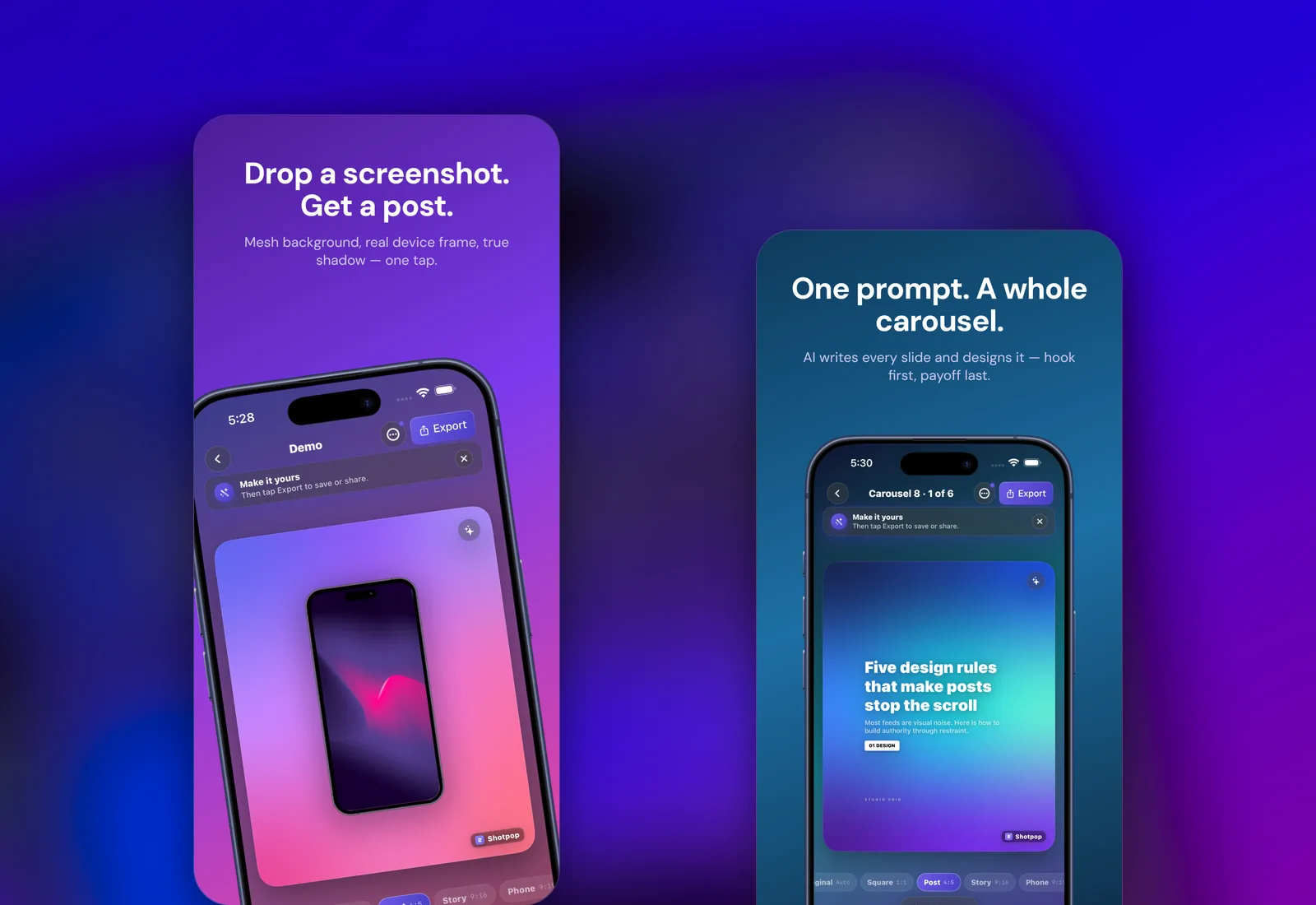 ShotPop app screens
